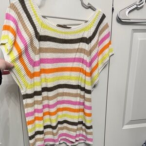 Striped Short Sleeve Knit Top in White with Pink, Orange & Yellow